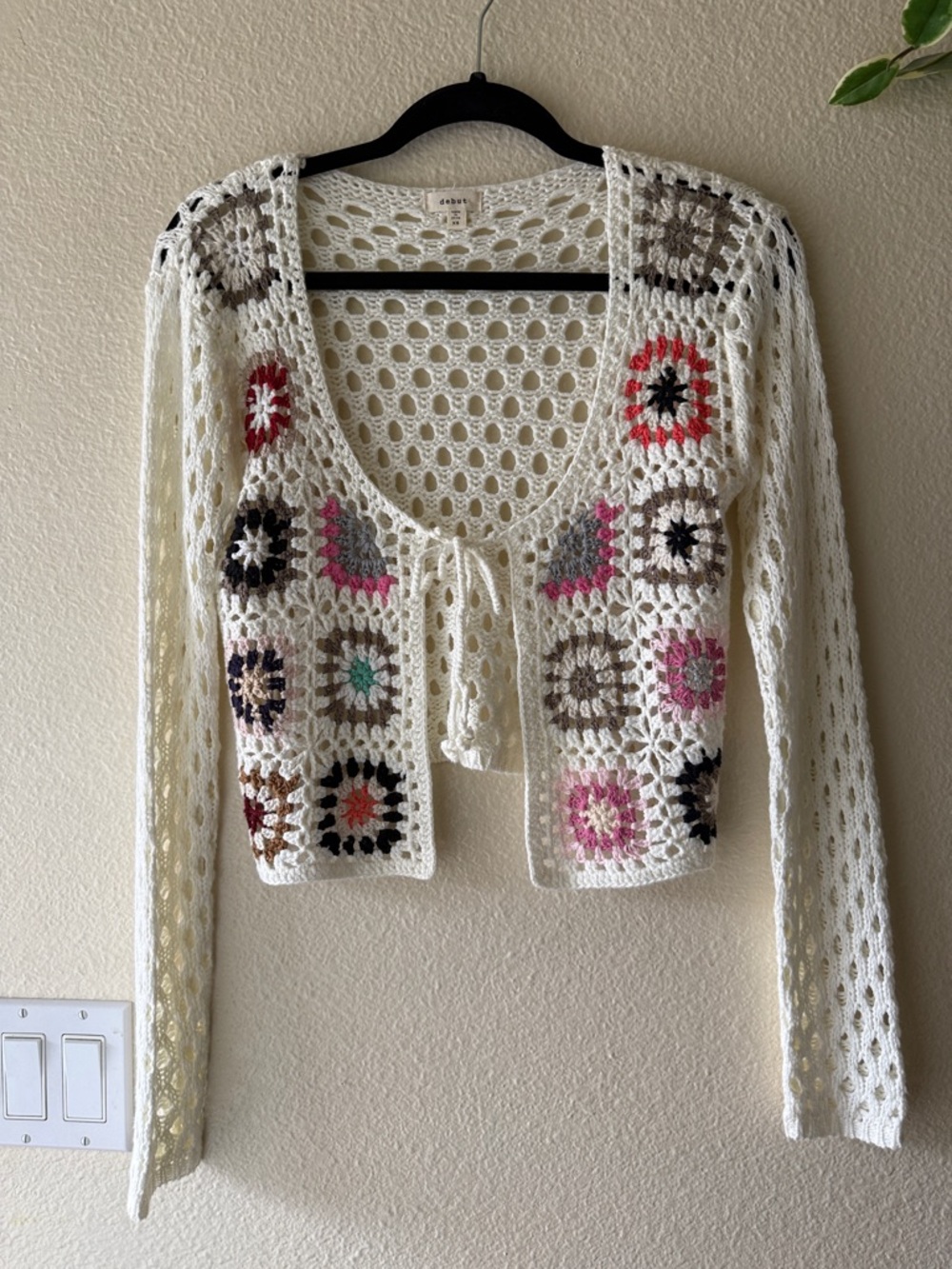 debut Crochet Openwork Tie-Front Cardigan with Floral Motifs